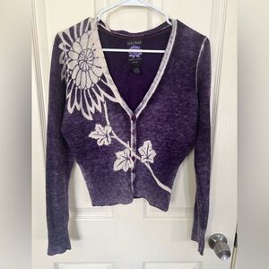 Lucky Brand Purple Lambswool Floral Knit Cardigan Sweater M Vintage